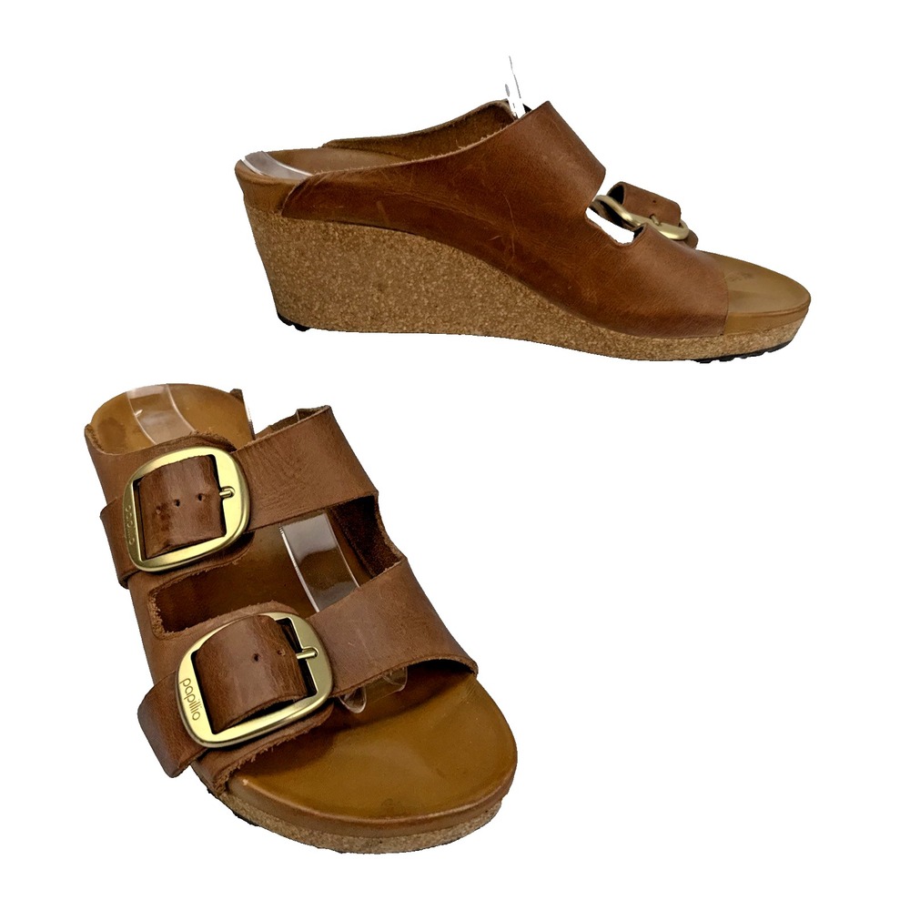 Birkenstock Papillio Brown Oil Leather Nora Big Buckle Wedge Sandal Size 39 8.5
